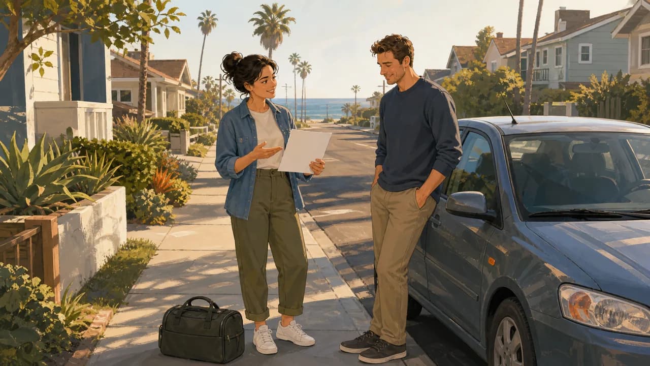 Two adults confirm a blank route card beside a parked car on a sunny Huntington Beach street