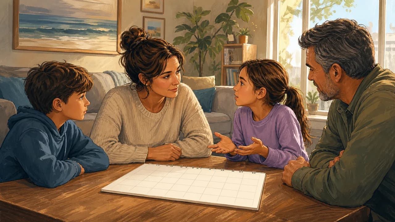 A parent and trusted relative speak gently with two children around a sunlit Huntington Beach living-room table
